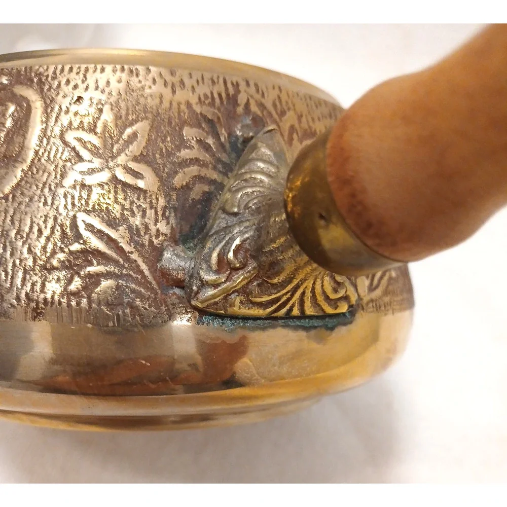 Exotic Copper Sauce Pot Wood Handle‎ Hammered Design Fondue Party Vintage Patina